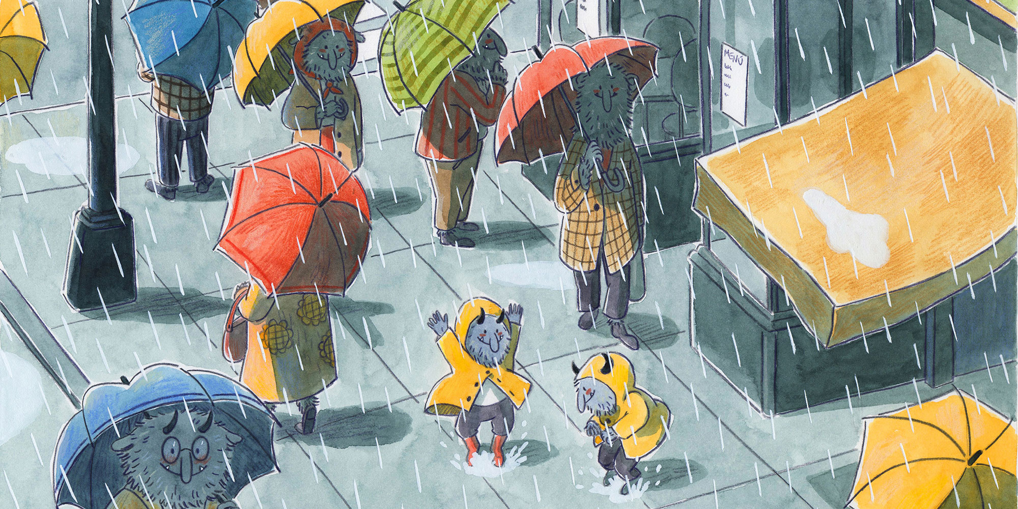 Disegno città mentre piove e gente con gli ombrelli 